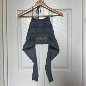 Grey Boho Linen Lace Strapless Wrap Crop Top Gray